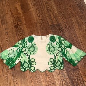 FARM Rio White Top with Green Floral Design